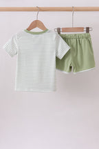 Sage stripe puppy embroidery shorts set
