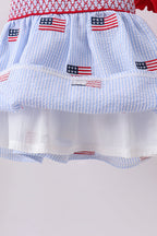 Blue flag embroidery seersucker ruffle shorts set