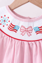Pink fireworks flag smocked jacquard scalloped ruffle bloomer set