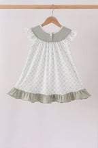 Sage pumpkin embroidery bow ruffle dress