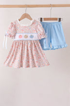 Pink Pumpkin Floral Embroidery Shorts Set