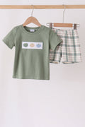 Green Pumpkin Embroidery Plaid Shorts Set