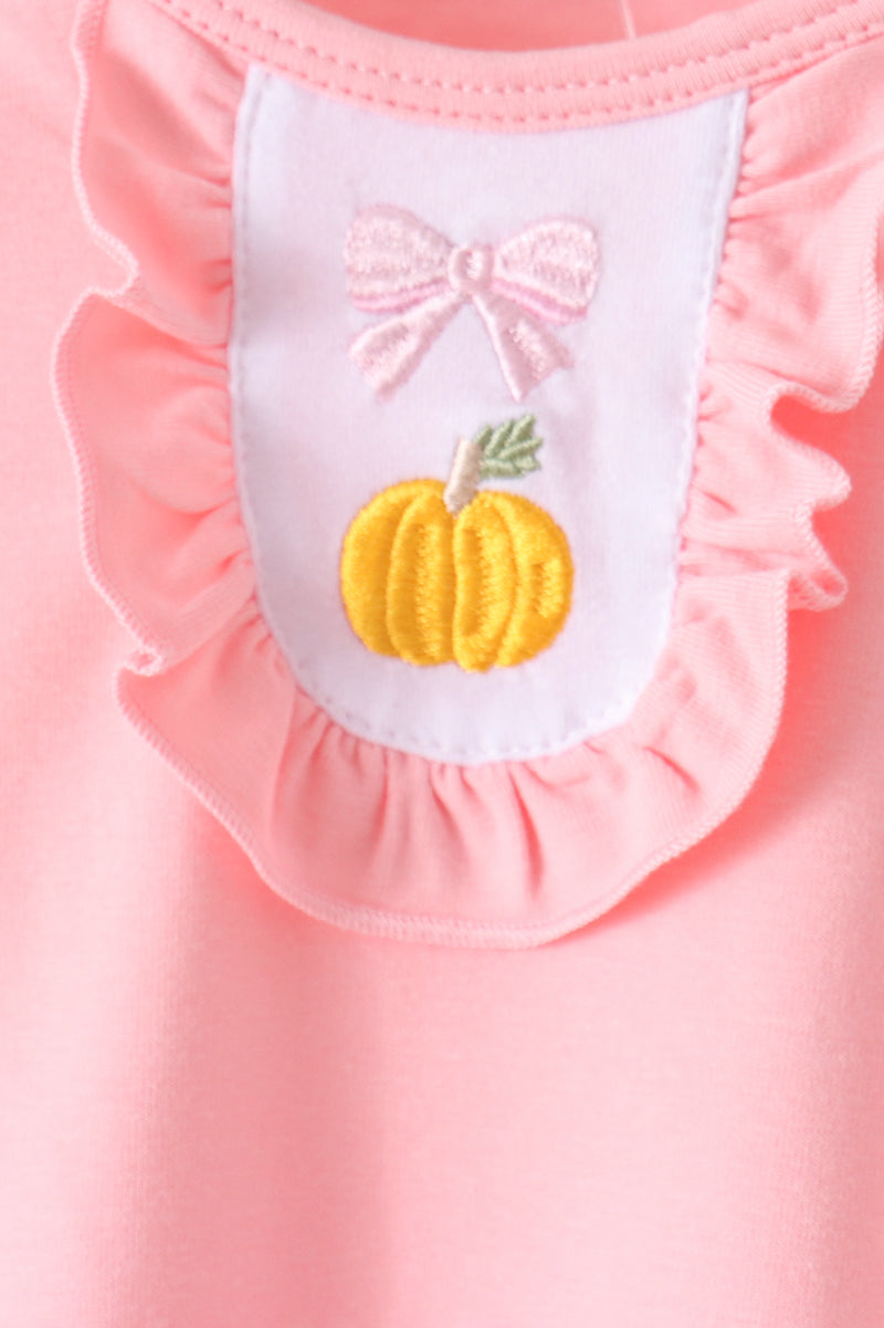 Pink pumpkin bow embroidery ruffle bloomer set