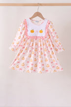 Pink pumpkin bow embroidery ruffle dress