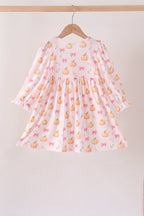 Pink pumpkin bow embroidery ruffle dress