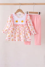 Pink pumpkin bow embroidery ruffle pants set